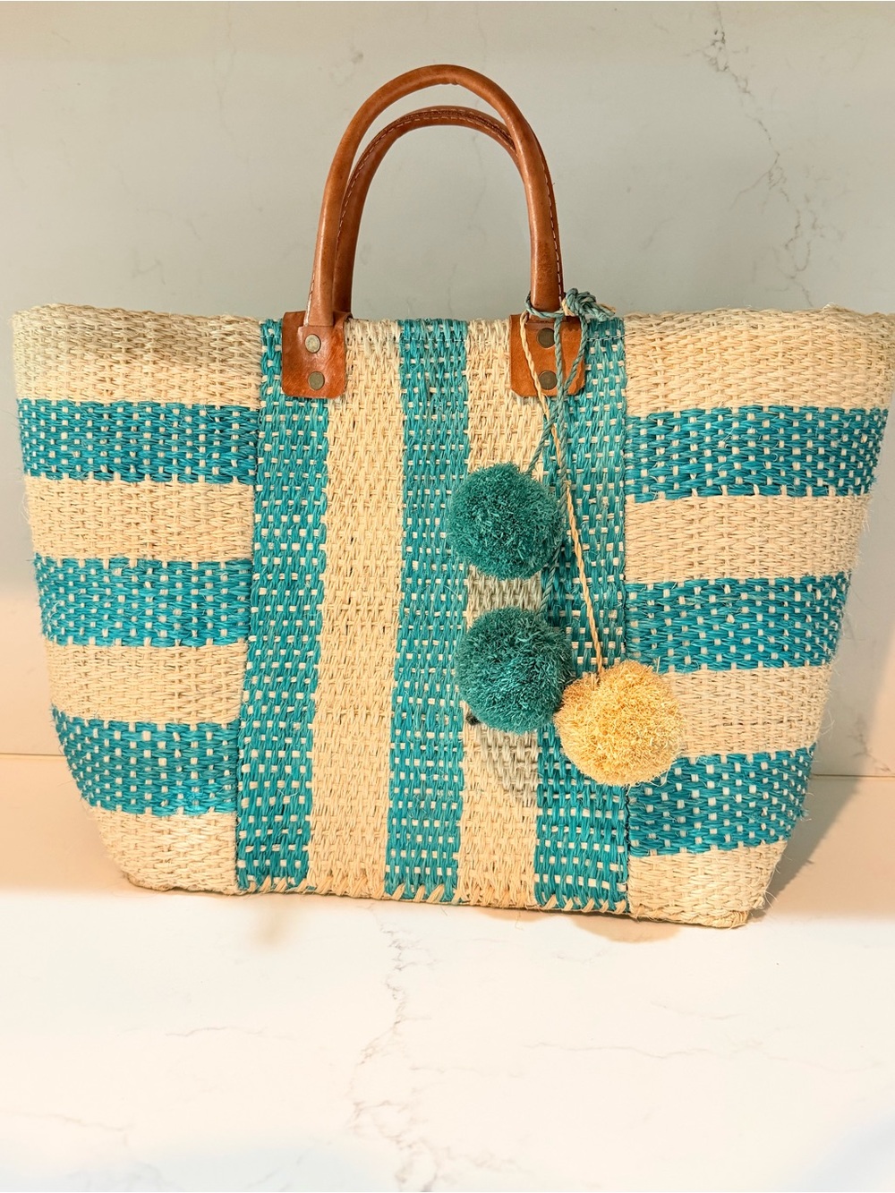 Mar Y Sol Collins striped seagrass pom pom tote - Picture 6 of 11